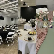 Tables set with black, white and sage linens
