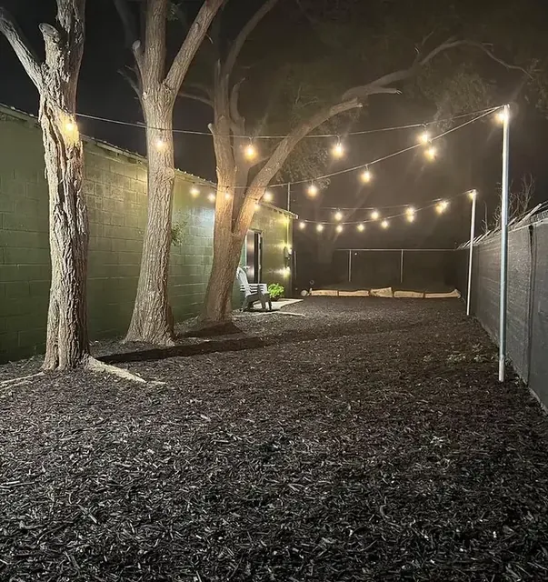 The backyard string lights at night